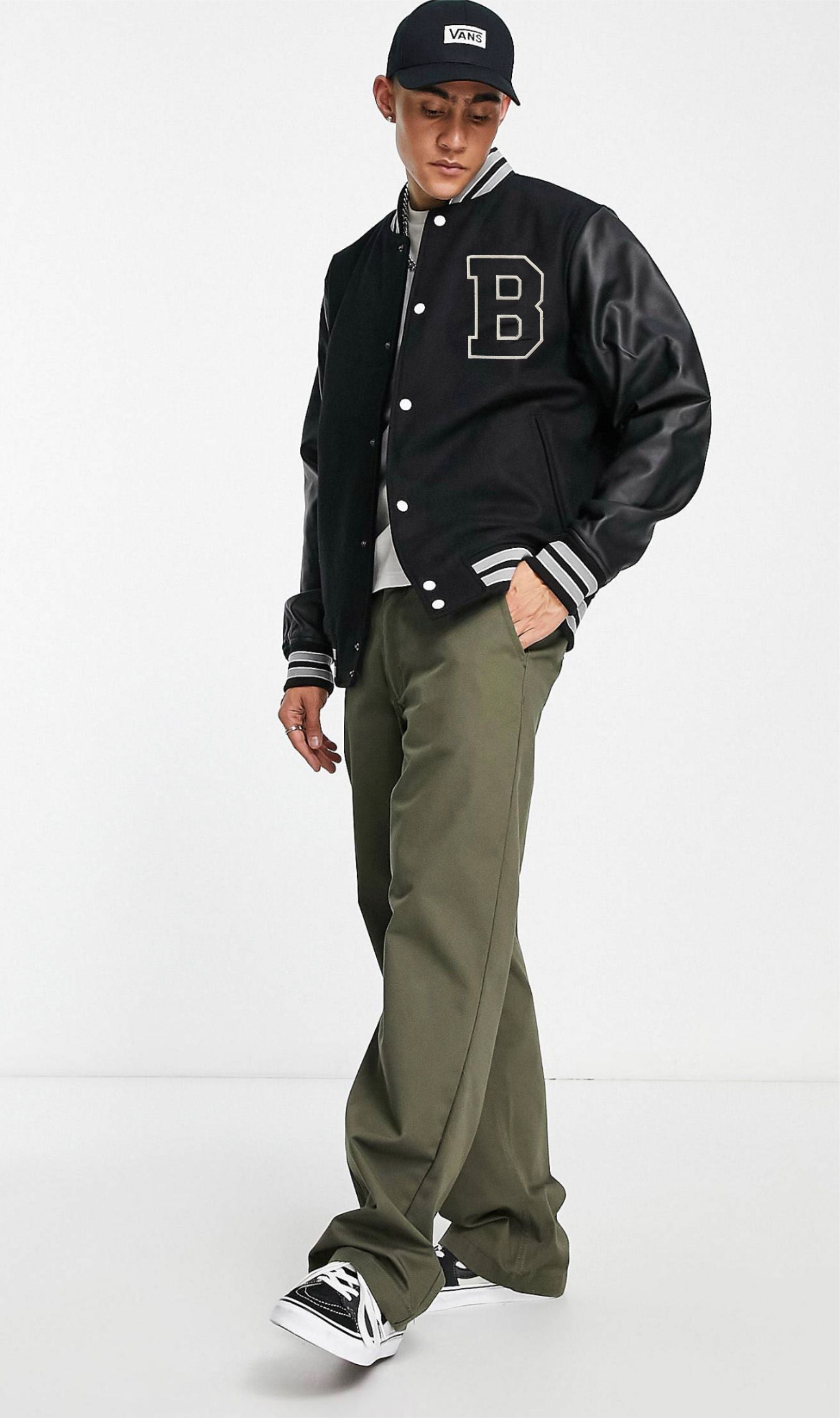 B Letterman Faux Leather Sleeve Varsity Jacket