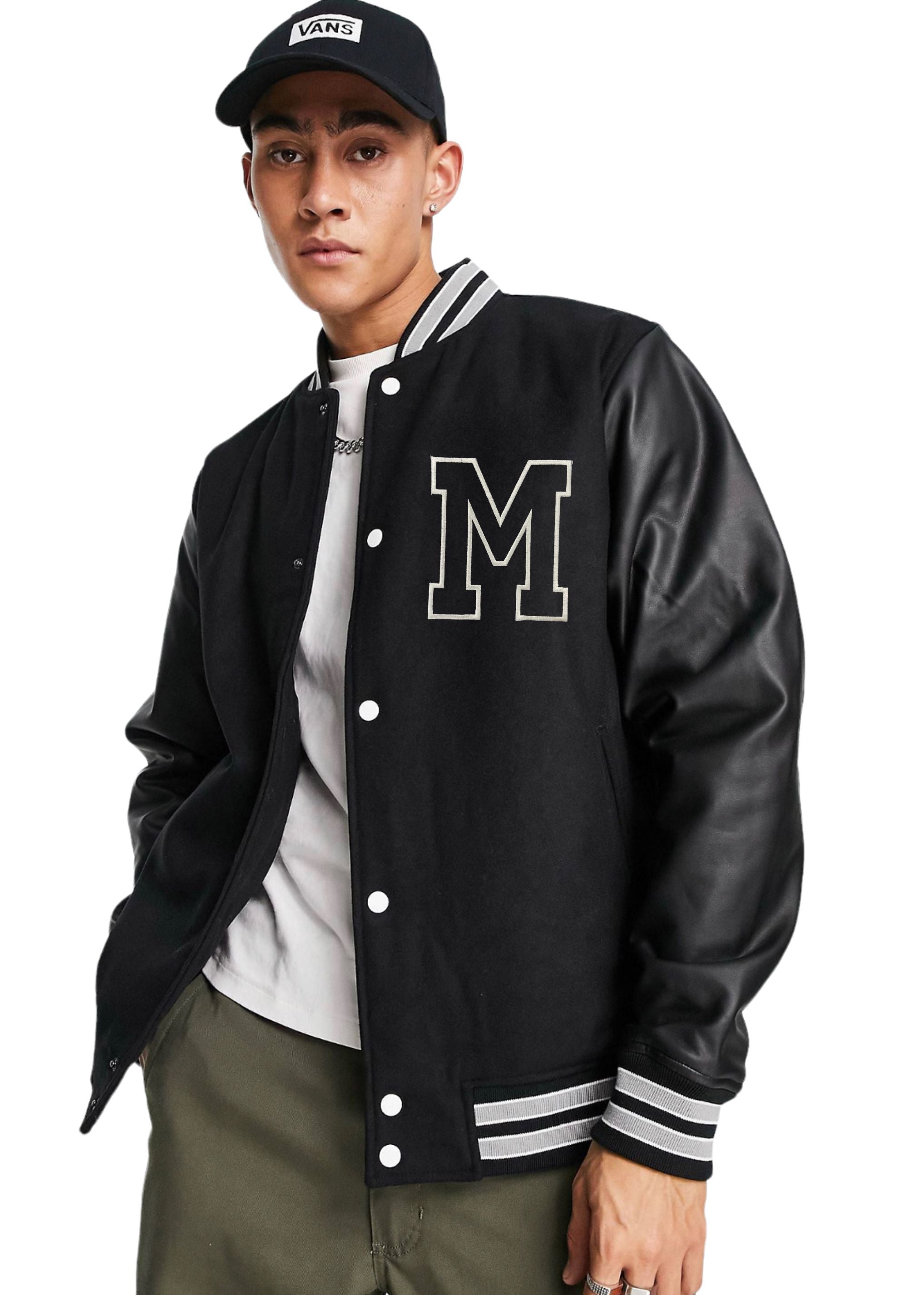 M Letterman Faux Leather Sleeve Varsity Jacket